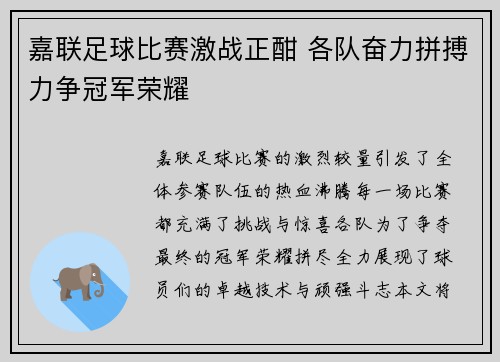 嘉联足球比赛激战正酣 各队奋力拼搏力争冠军荣耀