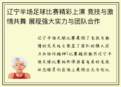 辽宁半场足球比赛精彩上演 竞技与激情共舞 展现强大实力与团队合作